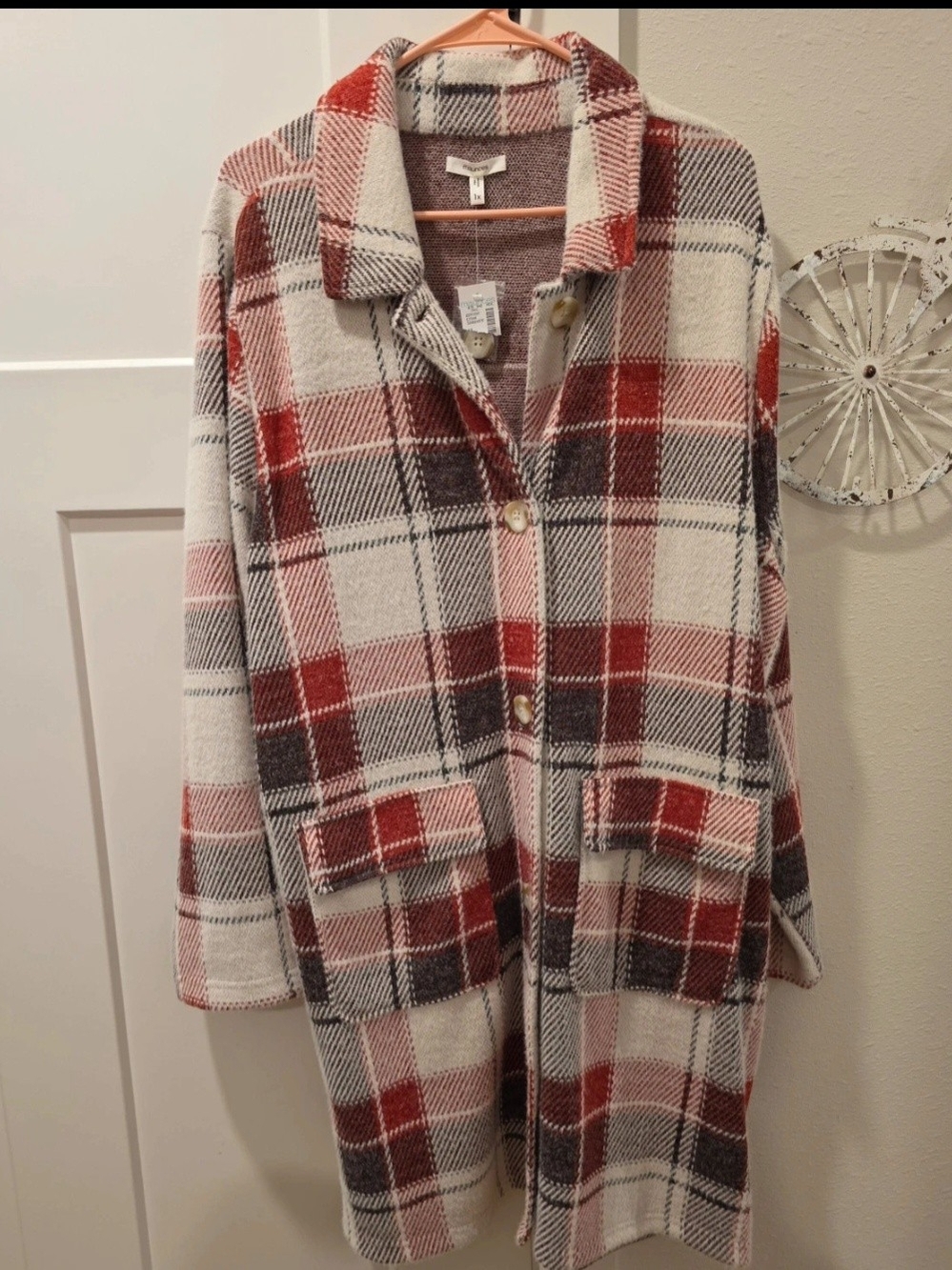 Maurices Red, Cream & Gray Plaid Trench Coat